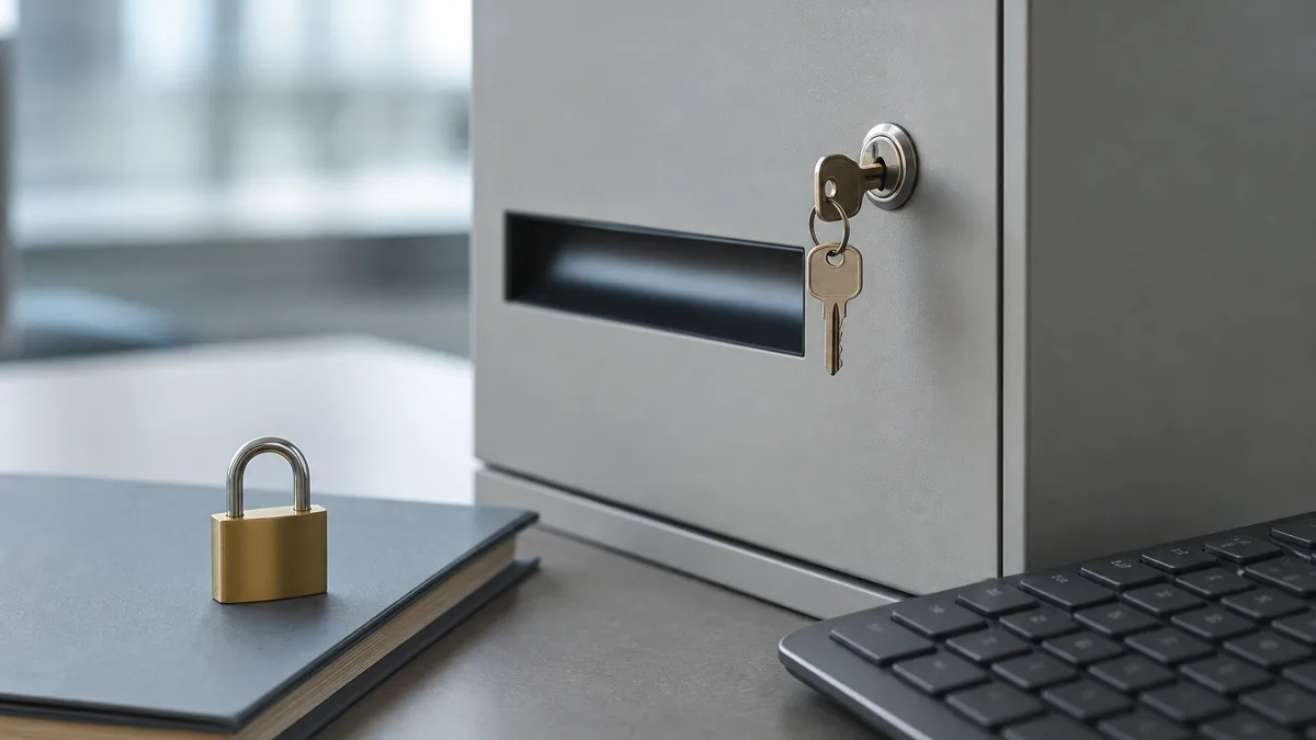 Abschließbarer Aktenschrank mit Patientenordnern, ein Vorhängeschloss und ein Laptop auf einem Praxisschreibtisch
