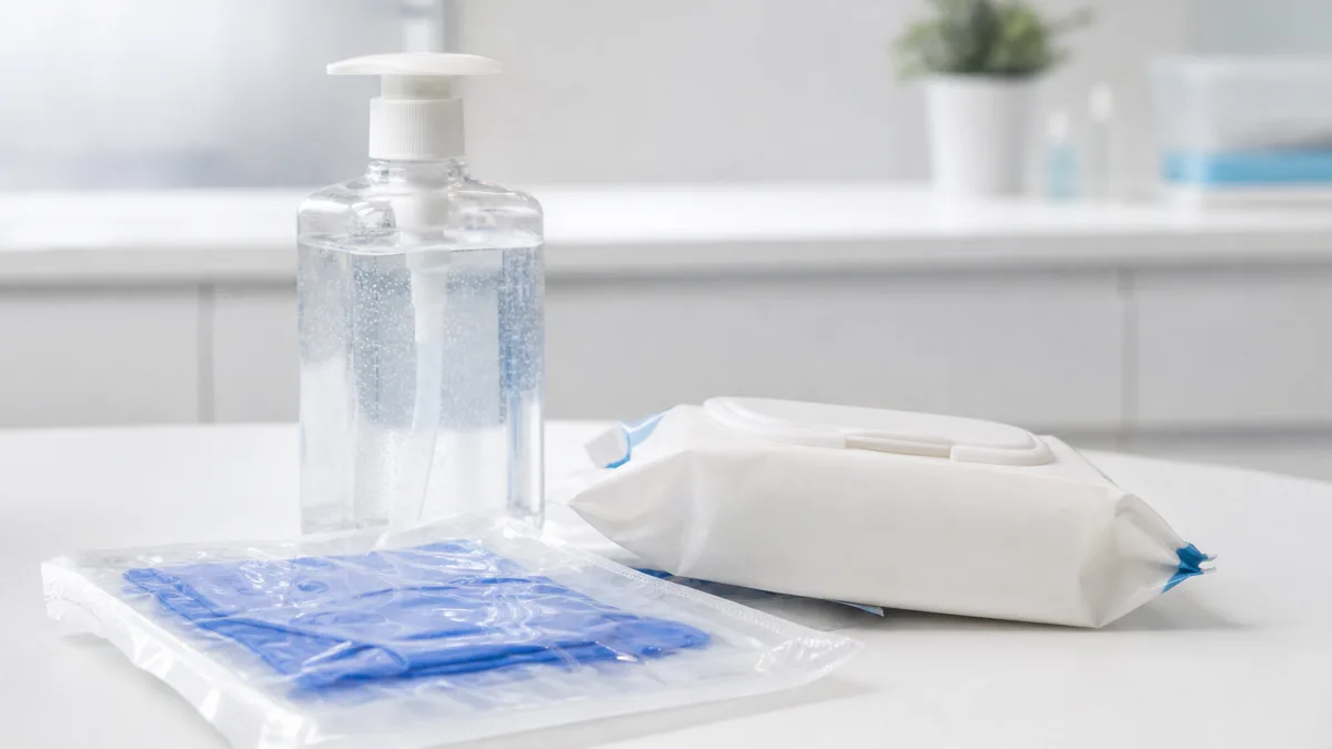 Desinfektionsspender, Einmalhandschuhe und sterile Instrumente auf einer Arbeitsfläche in einer Naturheilpraxis