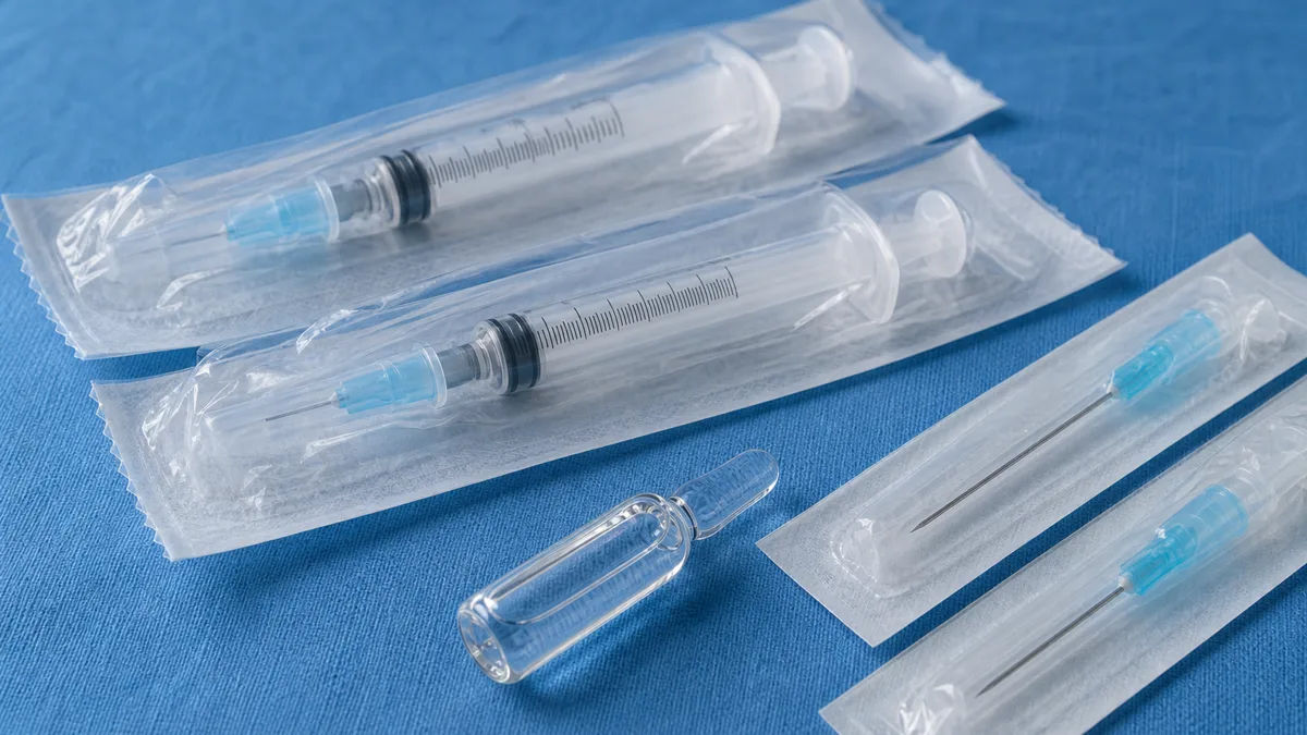Aufgezogene Spritze und Injektionszubehör auf einer sterilen Ablage in einer Naturheilpraxis