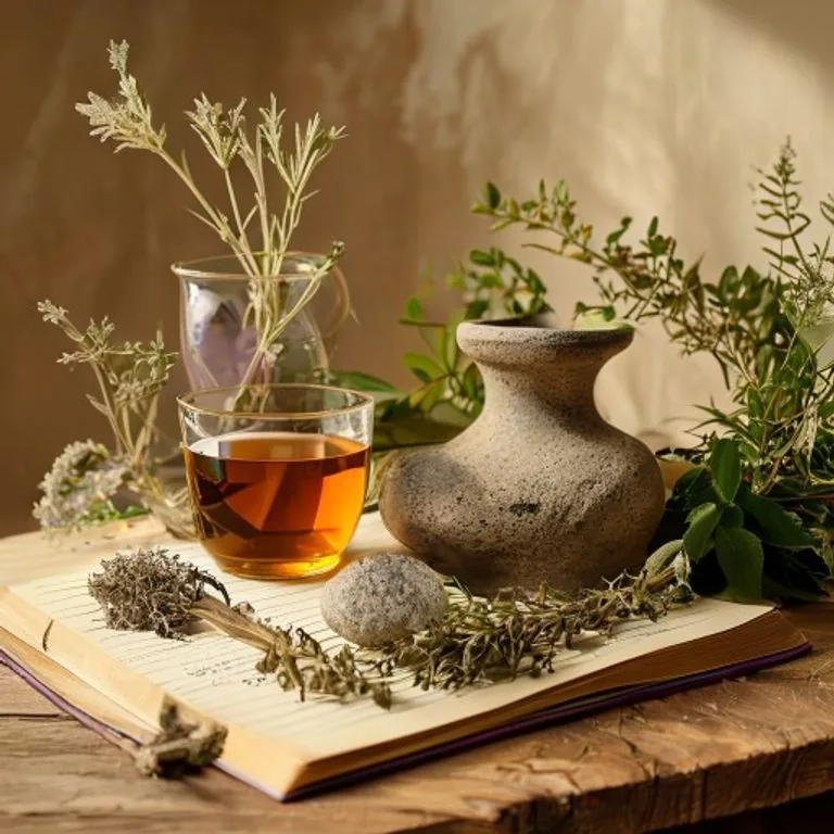 Naturheilpraxis mit Heilkräutern, Mörser und Notizbuch
